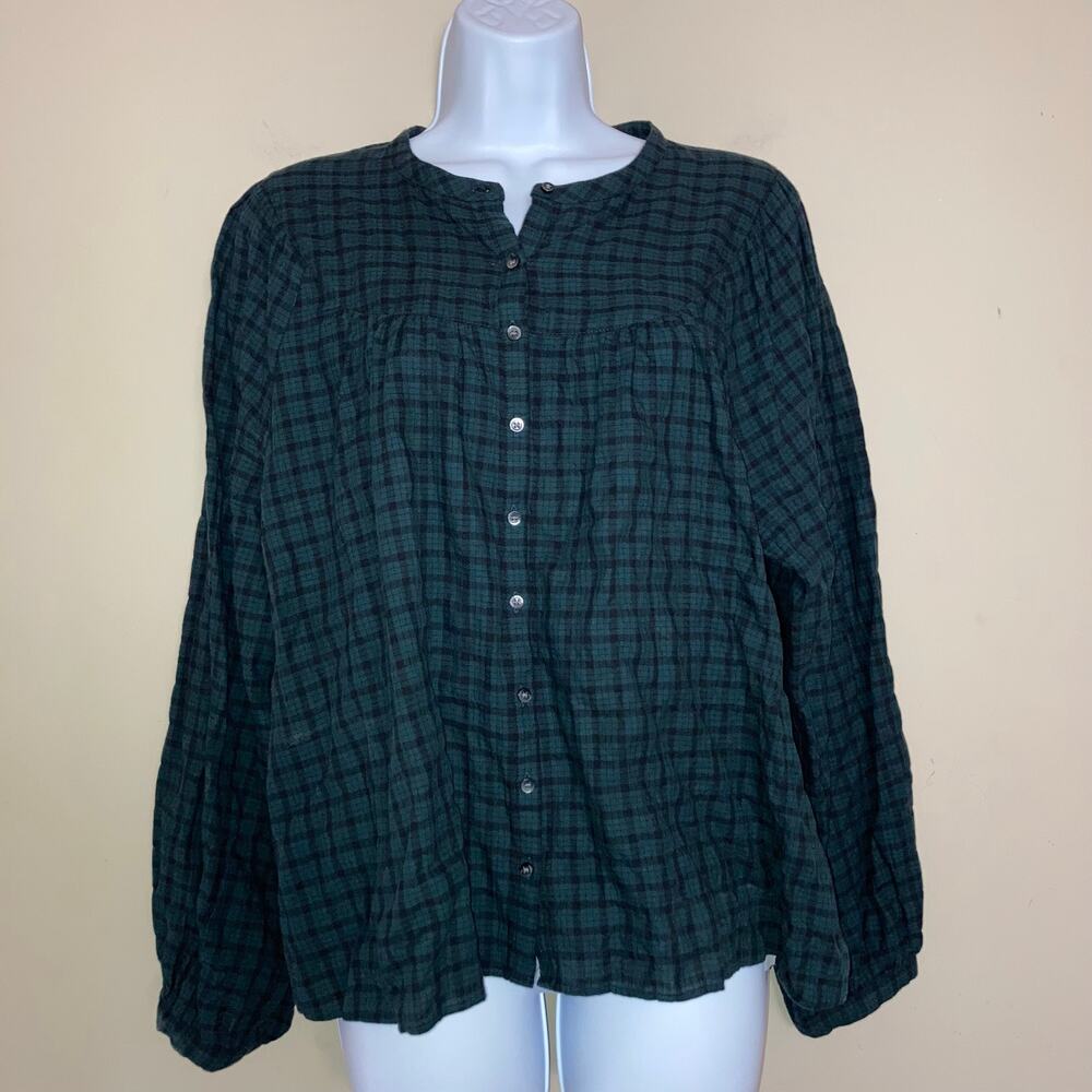 Madewell Green Black Plaid Balloon-Sleeve Peasant Top Size L AF444